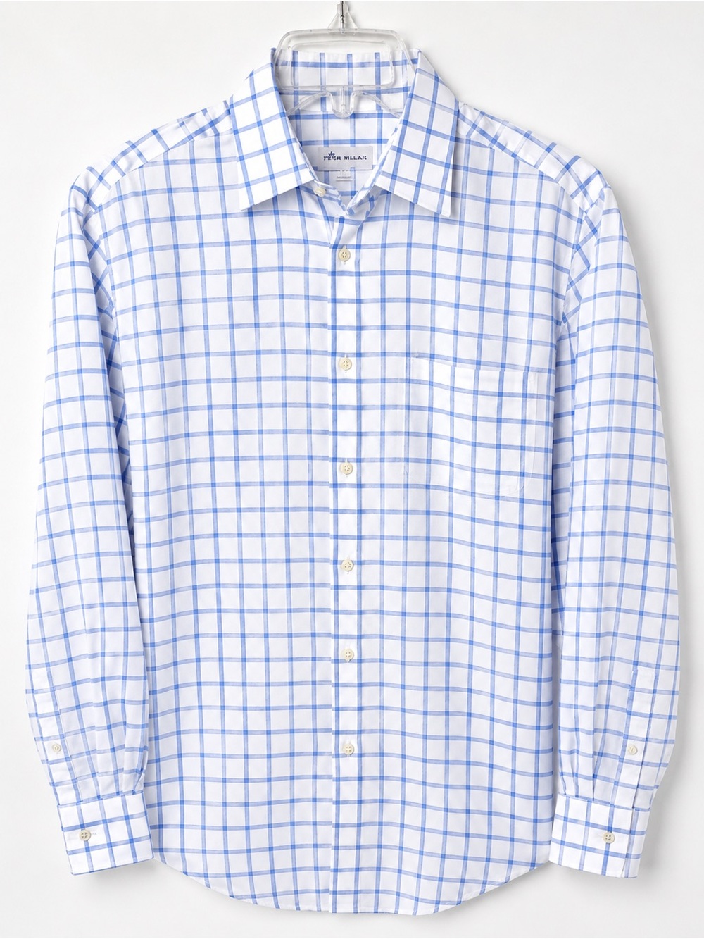 Peter Millar Crown Linen-Blend Sport Shirt Men's Medium Blue Windowpane Plaid LS